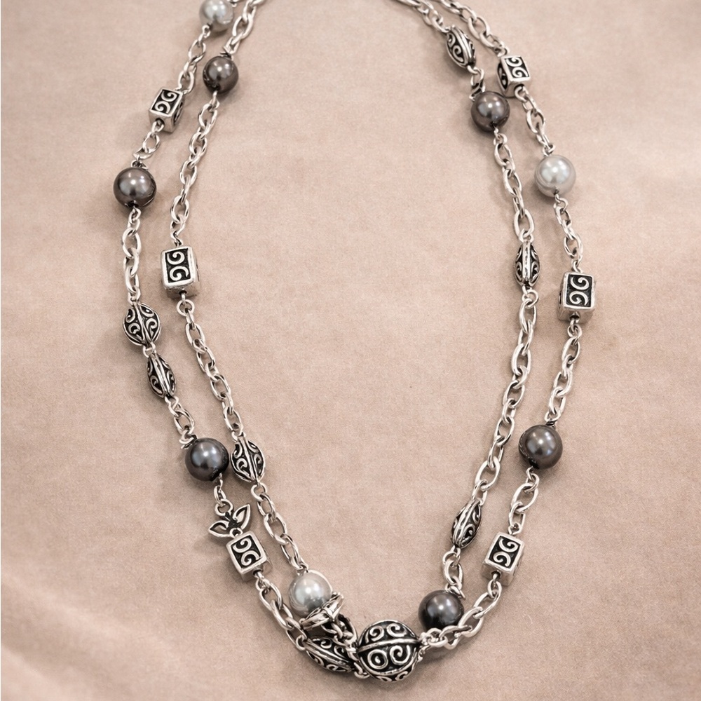 Brighton Silver & Pearl Double Strand Necklace | Filigree Beads | Adjustable - Picture 2 of 3